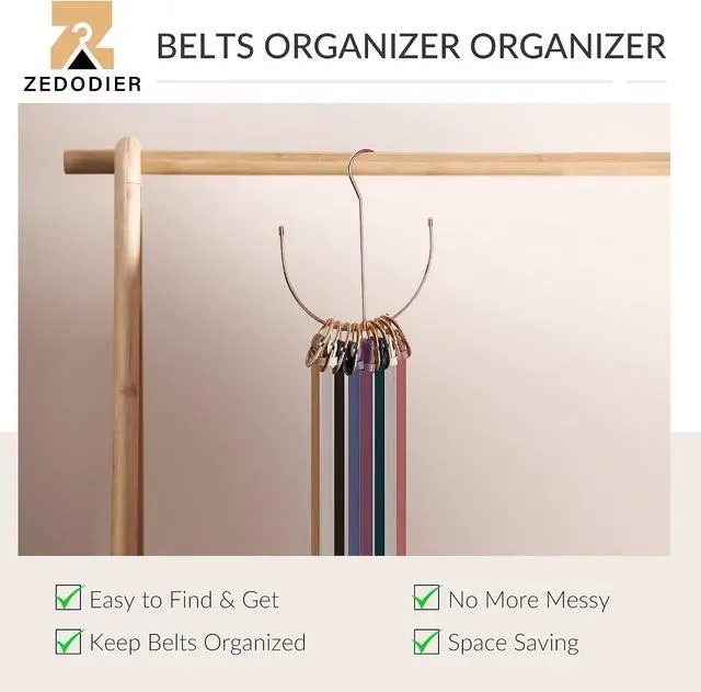 Alt view image 2 of 6 - ZEDODIER Belt Hanger for Closet, Belt Organizer, Multiple Belts Storage | Smile Shape Metal Belt Rack, Hanging Belt Holder for Closet Organizers and Storage, Space Saving, No Installation, Rose Gold