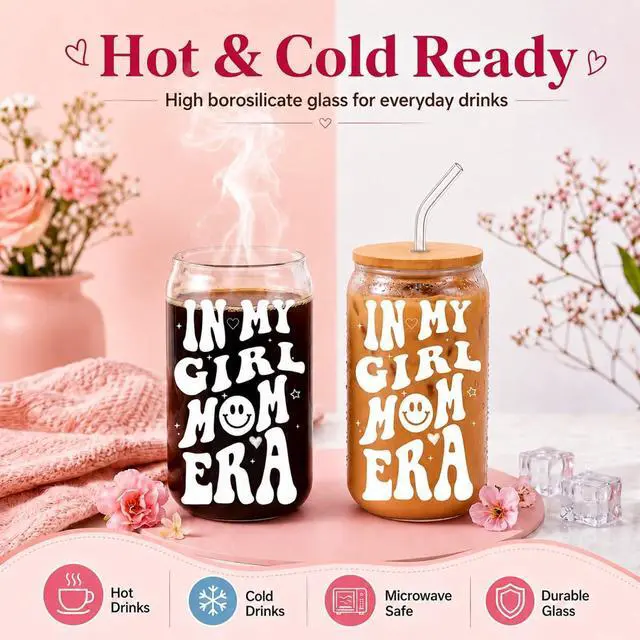 Alt view image 4 of 7 - Mom Gift for Mother's Day from Daughter In My Girl Mom Era 16 oz Glass Cup with Lid and Straw Cute Girl Moms Present for Baby Shower Birthday First Time Mom