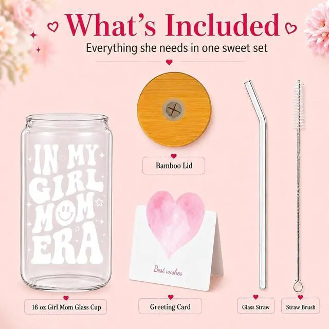 Alt view image 3 of 7 - Mom Gift for Mother's Day from Daughter In My Girl Mom Era 16 oz Glass Cup with Lid and Straw Cute Girl Moms Present for Baby Shower Birthday First Time Mom