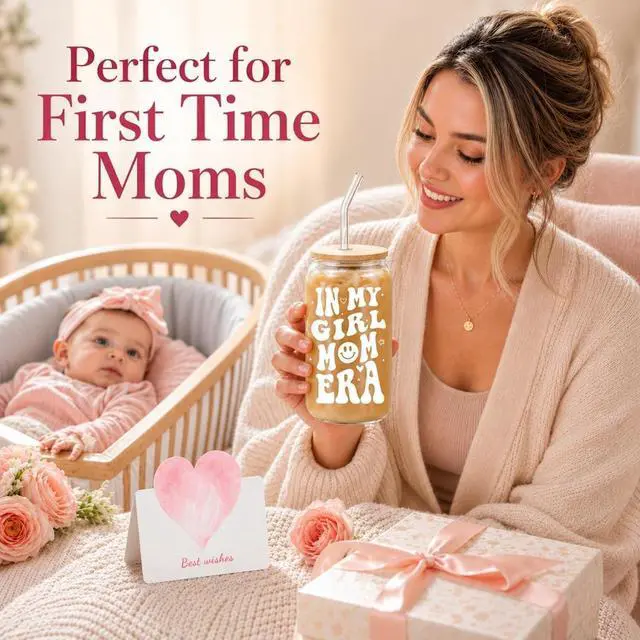 Alt view image 7 of 7 - Mom Gift for Mother's Day from Daughter In My Girl Mom Era 16 oz Glass Cup with Lid and Straw Cute Girl Moms Present for Baby Shower Birthday First Time Mom