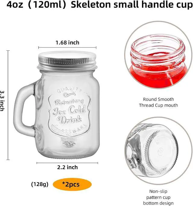 Alt view image 2 of 6 - 2 Pcs 4 oz Mini Mason Jar Mugs Mason Jar Mugs with Handles and Lids Small Drinking Glass and DIY Favor Decor Wedding Bridal Shower Party Supplies for Drinks, Gifts, Candles and Crafts (Silver lid)