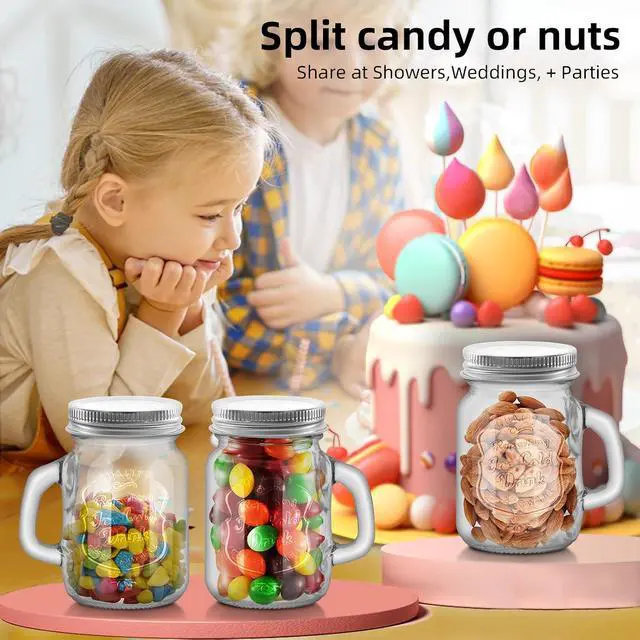 Alt view image 5 of 6 - 2 Pcs 4 oz Mini Mason Jar Mugs Mason Jar Mugs with Handles and Lids Small Drinking Glass and DIY Favor Decor Wedding Bridal Shower Party Supplies for Drinks, Gifts, Candles and Crafts (Silver lid)