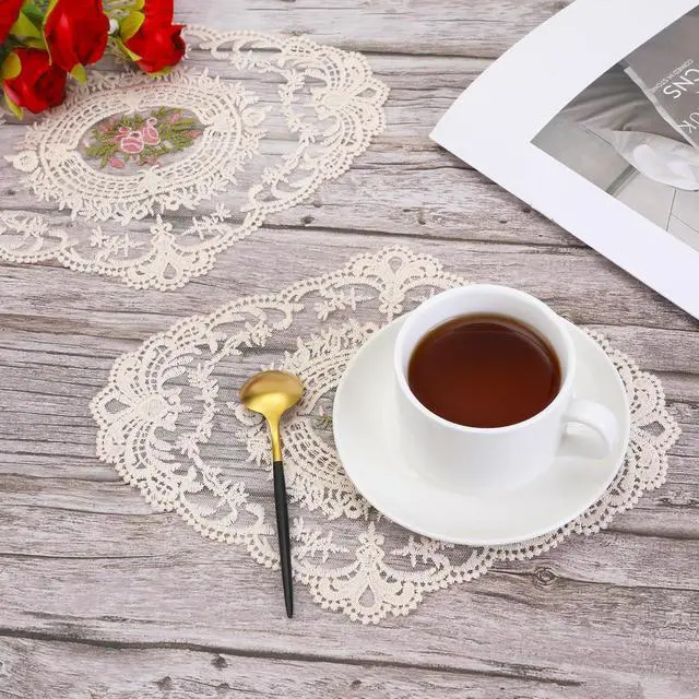 Alt view image 7 of 7 - 2 Pcs Lace Doilies for Tables, Beige Embroidered Placemats Mats | Elegant Retro Cup Mats for Heat Insulation, Desktop Decoration & Home Kitchen Accents