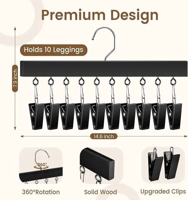 Alt view image 3 of 7 - 2 Pack Legging Hanger for Closet, Non-Slip Clips, Holds 20 Leggings | Upgraded Wooden Leggings Hangers, 360° Rotatable & Space Saving, Designed for Yoga Pants, Socks, and Lightweight Clothing