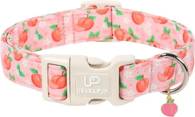 Main image of Peach Dog Collar, Summer Spring Cotton Dog Collar, Cute Fruit Pattern Adjustable Pink Pet Collar, Lightweight Durable Quick Release Buckle with Charm for Female Dogs