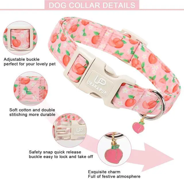 Alt view image 3 of 7 - Peach Dog Collar, Summer Spring Cotton Dog Collar, Cute Fruit Pattern Adjustable Pink Pet Collar, Lightweight Durable Quick Release Buckle with Charm for Female Dogs