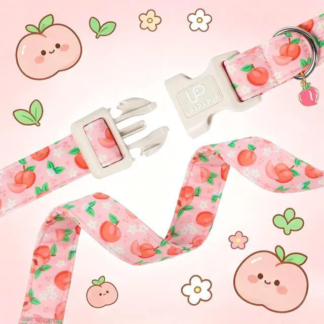 Alt view image 4 of 7 - Peach Dog Collar, Summer Spring Cotton Dog Collar, Cute Fruit Pattern Adjustable Pink Pet Collar, Lightweight Durable Quick Release Buckle with Charm for Female Dogs