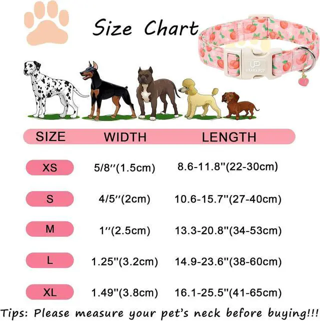 Alt view image 7 of 7 - Peach Dog Collar, Summer Spring Cotton Dog Collar, Cute Fruit Pattern Adjustable Pink Pet Collar, Lightweight Durable Quick Release Buckle with Charm for Female Dogs