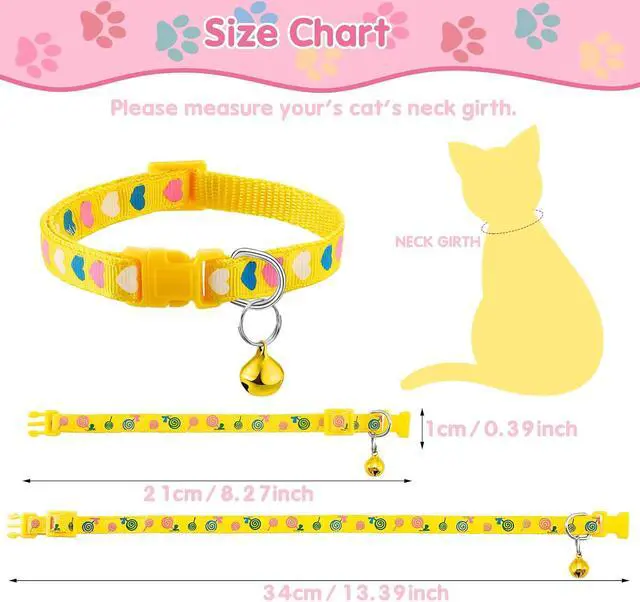 Alt view image 2 of 7 - Frienda 6 Pack Cat Collars with Bells Breakaway Cats Collar Adjustable 8.27 to 13.39 Inches Safety Buckle Cute Pets Collar for Adult Cats and Small Dogs(Pink, Green, Red, Light Red, Yellow)