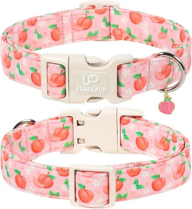 Alt view image 2 of 7 - Peach Dog Collar, Summer Spring Cotton Dog Collar, Cute Fruit Pattern Adjustable Pink Pet Collar, Lightweight Durable Quick Release Buckle with Charm for Female Dogs