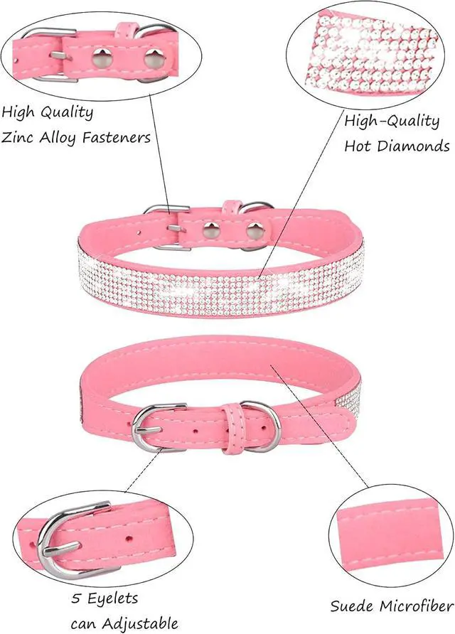 Alt view image 3 of 6 - Dog Collar for Small Dogs, Adjustable Leather Suede Bling Dog CollarsPink Dog Collar Cat Collar, Rhinestone Dog Collar(S, Pink)