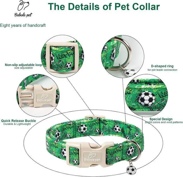 Alt view image 4 of 7 - Soccer Dog Collar, Cute Boy Dog Collars for Puppy Small Dogs - Green Sports Themed Cotton Male Dogs Collar, Soft Adjustable Daily Pet Collars with Quick Release Buckle XS