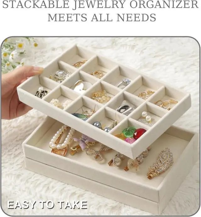 Alt view image 5 of 5 - 1 Pcs Earring Organizer Stackable Trays,Jewelry Drawer Inserts Container Display Case Storage for Earring Necklace Rings -Beige