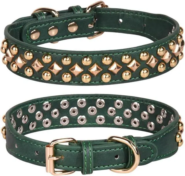 Main image of Spiked Studded Dog Collar, Adjustable Soft Leather Puppy Collar for Small Medium Dogs Bulldog Pitbull Mastiff Poodle Boxer (XS, Green3)