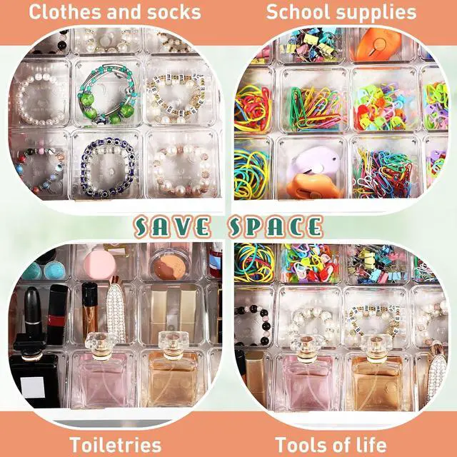 Alt view image 2 of 6 - Tioncy 8 Pcs Stackable Clear Drawer Organizer 3" x 3" x 2" Storage Bins | For Makeup Vanity Bathroom Kitchen, Small Containers Office Desk Cosmetics, Transparent Organizers Declutter Drawers Easily