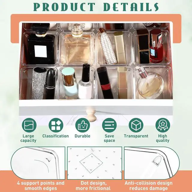 Alt view image 5 of 6 - Tioncy 8 Pcs Stackable Clear Drawer Organizer 3" x 3" x 2" Storage Bins | For Makeup Vanity Bathroom Kitchen, Small Containers Office Desk Cosmetics, Transparent Organizers Declutter Drawers Easily