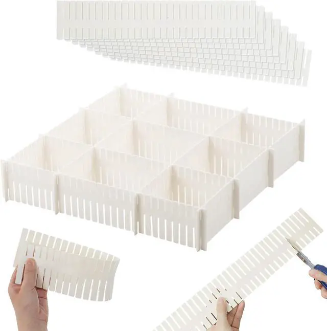 Main image of 14.5 in White Adjustable Drawer Dividers, TWUTGAYW 8PC DIY Grid Drawer Organizer Dividers, Plastic Organizer Separator for Socks Underwear Makeup Cosmetic Clothes Can Help Tidy Kitchen Bedroom Dresser