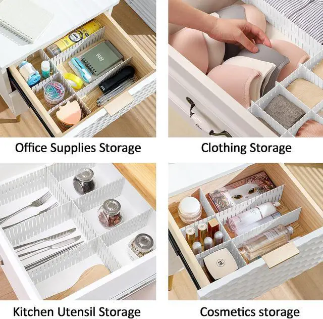Alt view image 2 of 7 - 14.5 in White Adjustable Drawer Dividers, TWUTGAYW 8PC DIY Grid Drawer Organizer Dividers, Plastic Organizer Separator for Socks Underwear Makeup Cosmetic Clothes Can Help Tidy Kitchen Bedroom Dresser