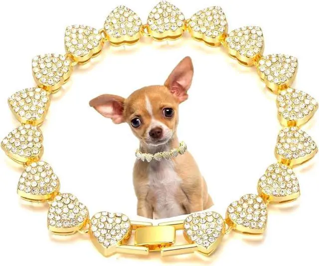 Main image of Dog Chain Collar, Heart Style Bling Diamond Cuban Link Dog Collars Glitter Chain Rhinestone Puppy Necklace for for XXS XS Small Medium Pet Dogs Cats (Gold, 16 Inch)