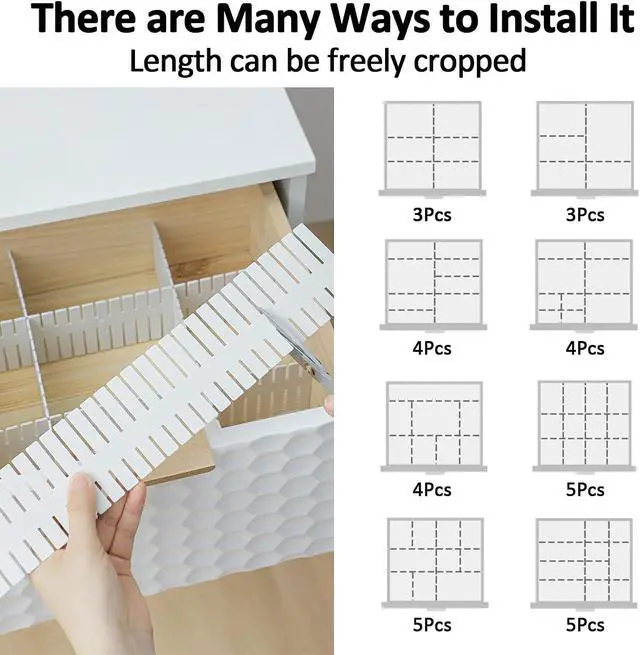 Alt view image 6 of 7 - 14.5 in White Adjustable Drawer Dividers, TWUTGAYW 8PC DIY Grid Drawer Organizer Dividers, Plastic Organizer Separator for Socks Underwear Makeup Cosmetic Clothes Can Help Tidy Kitchen Bedroom Dresser