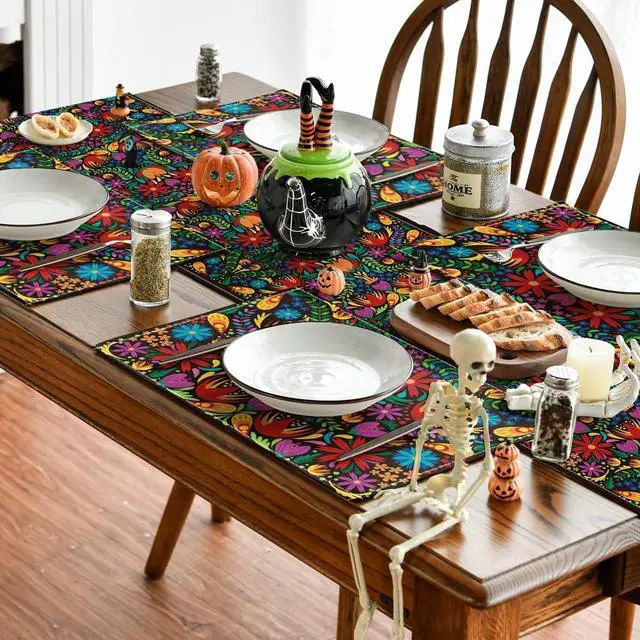 Alt view image 5 of 6 - Artoid Mode Mexican Cinco De Mayo Placemats for Dining Table, 12 x 18 Inch Floral Fiesta Dia De Los Muertos Decoration Washable Table Mats Set of 4