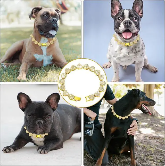 Alt view image 2 of 4 - Dog Chain Collar, Heart Style Bling Diamond Cuban Link Dog Collars Glitter Chain Rhinestone Puppy Necklace for for XXS XS Small Medium Pet Dogs Cats (Gold, 16 Inch)