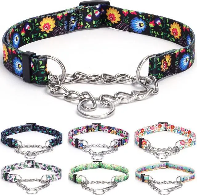 Main image of Martingale Collar, Training Dog Collar, Stainless Steel Chain Pet Collar for No Pull Dog Walking Flowers Design Large Medium Small Dogs (XL, Black)