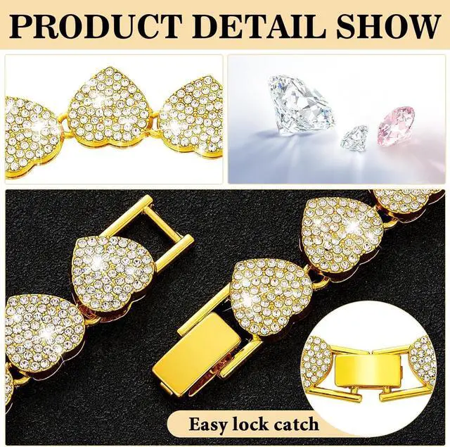 Alt view image 3 of 4 - Dog Chain Collar, Heart Style Bling Diamond Cuban Link Dog Collars Glitter Chain Rhinestone Puppy Necklace for for XXS XS Small Medium Pet Dogs Cats (Gold, 16 Inch)