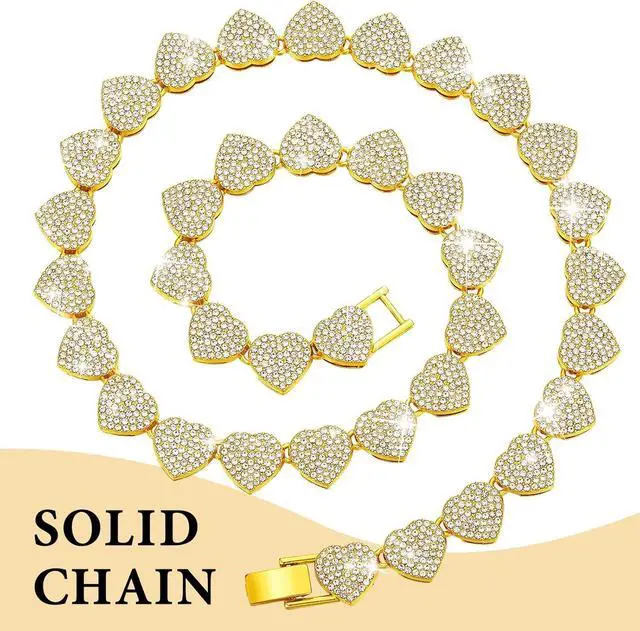 Alt view image 4 of 4 - Dog Chain Collar, Heart Style Bling Diamond Cuban Link Dog Collars Glitter Chain Rhinestone Puppy Necklace for for XXS XS Small Medium Pet Dogs Cats (Gold, 16 Inch)