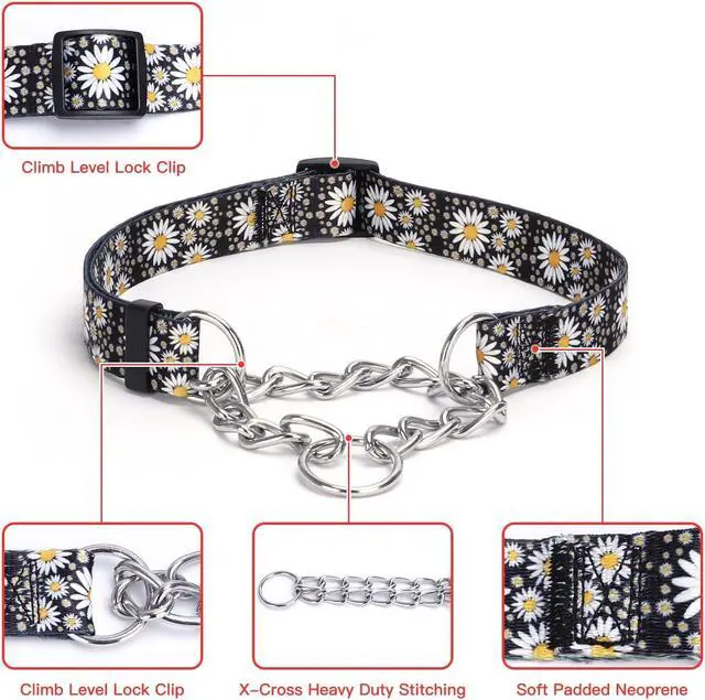 Alt view image 2 of 4 - Martingale Collar, Training Dog Collar, Stainless Steel Chain Pet Collar for No Pull Dog Walking Flowers Design Large Medium Small Dogs (XL, Black)