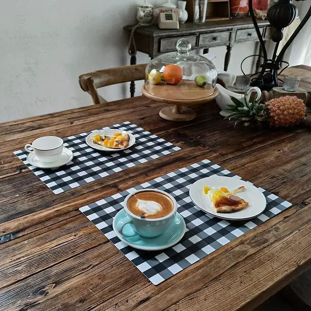 Alt view image 2 of 6 - Buffalo Plastic Check Plaid Placemats Wipeable Easy Clean Washable Table Mats for Dining Table Heat Resistant Placemat Rectangular Black and White Place mats Set of 4(4, Black & White)