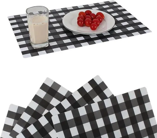 Main image of Buffalo Plastic Check Plaid Placemats Wipeable Easy Clean Washable Table Mats for Dining Table Heat Resistant Placemat Rectangular Black and White Place mats Set of 4(4, Black & White)