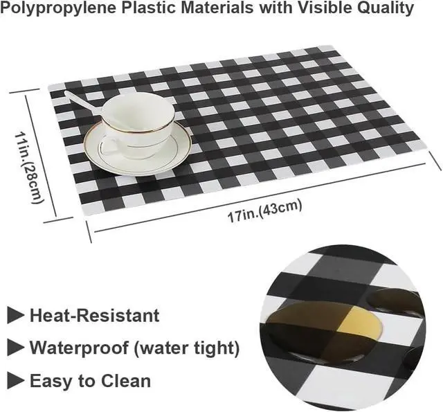 Alt view image 3 of 6 - Buffalo Plastic Check Plaid Placemats Wipeable Easy Clean Washable Table Mats for Dining Table Heat Resistant Placemat Rectangular Black and White Place mats Set of 4(4, Black & White)