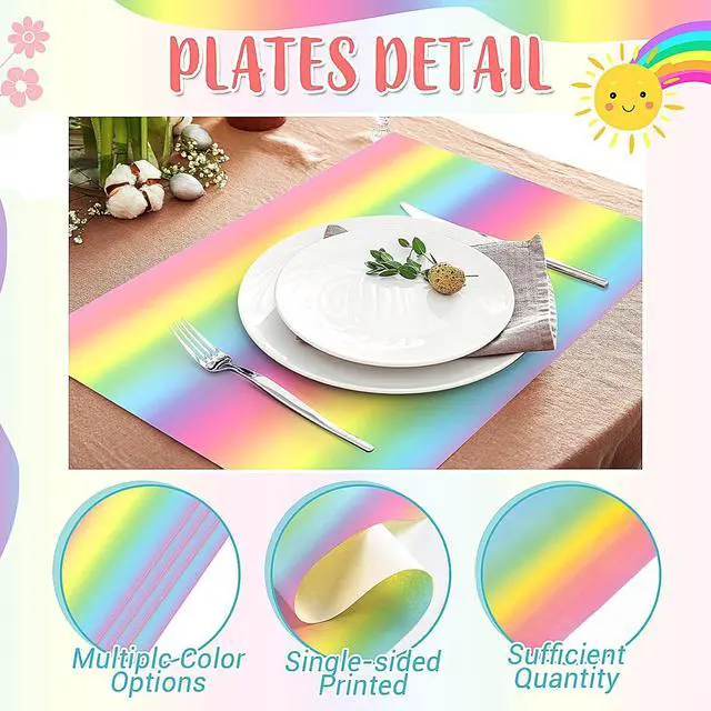Alt view image 3 of 6 - Fullhawl 60 Pcs Rainbow Paper Placemats, Disposable Rectangular Table Setting Mats for Birthday, Art Party & Summer Fiesta Decor, 10 x 14 Inch