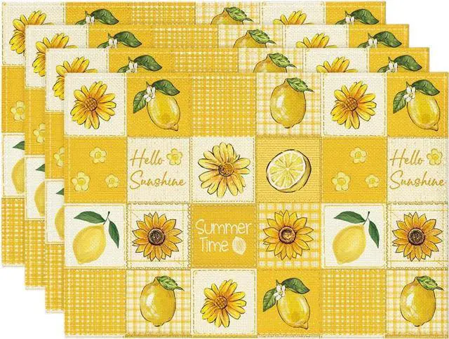 Main image of Artoid Mode Plaid Lemon Sunflower Summer Placemats Set of 4, 12x18 Inch Hello Sunshine Table Mats for Party Kitchen Dining Decoration
