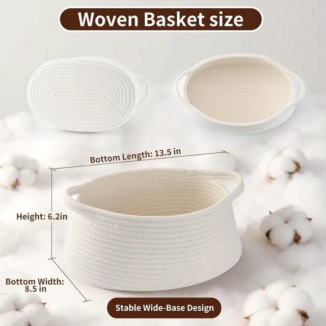 Alt view image 2 of 7 - Luckyiren Oval Cotton Rope Shelf Basket with Handles, 13.5-Inch Storage Bin | Soft Cotton Rope Shelf Basket with Handles, Wide-Bottom Trapezoid Design for Stable Closet, Nursery, and Bathroom Storage