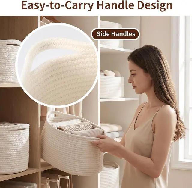 Alt view image 3 of 7 - Luckyiren Oval Cotton Rope Shelf Basket with Handles, 13.5-Inch Storage Bin | Soft Cotton Rope Shelf Basket with Handles, Wide-Bottom Trapezoid Design for Stable Closet, Nursery, and Bathroom Storage