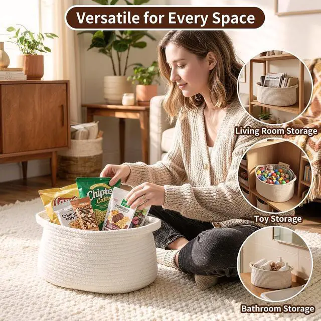 Alt view image 4 of 7 - Luckyiren Oval Cotton Rope Shelf Basket with Handles, 13.5-Inch Storage Bin | Soft Cotton Rope Shelf Basket with Handles, Wide-Bottom Trapezoid Design for Stable Closet, Nursery, and Bathroom Storage