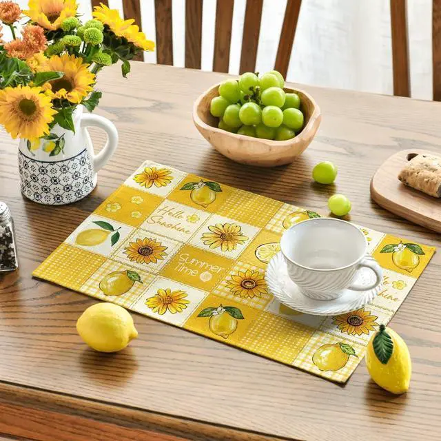 Alt view image 3 of 7 - Artoid Mode Plaid Lemon Sunflower Summer Placemats Set of 4, 12x18 Inch Hello Sunshine Table Mats for Party Kitchen Dining Decoration