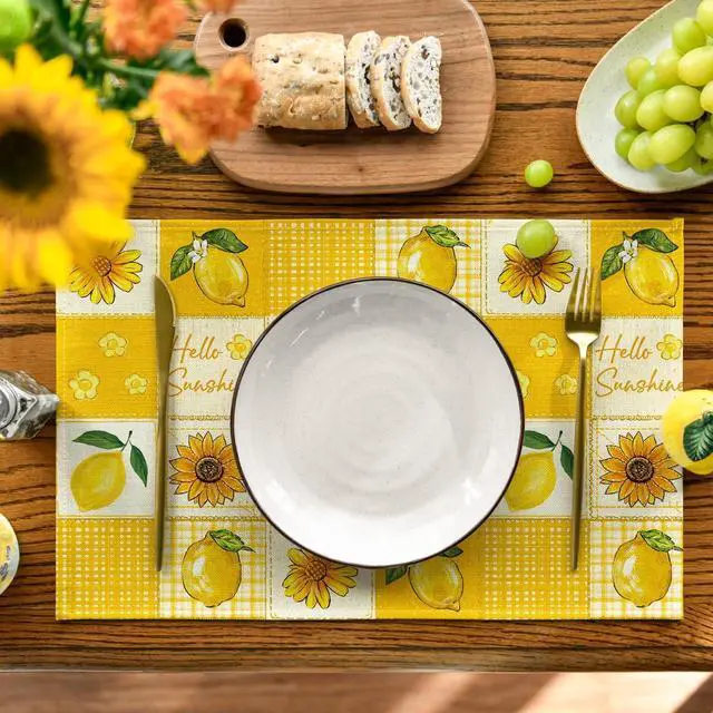 Alt view image 2 of 7 - Artoid Mode Plaid Lemon Sunflower Summer Placemats Set of 4, 12x18 Inch Hello Sunshine Table Mats for Party Kitchen Dining Decoration