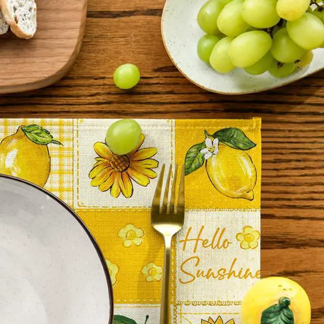 Alt view image 6 of 7 - Artoid Mode Plaid Lemon Sunflower Summer Placemats Set of 4, 12x18 Inch Hello Sunshine Table Mats for Party Kitchen Dining Decoration