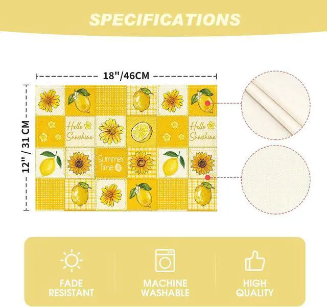 Alt view image 7 of 7 - Artoid Mode Plaid Lemon Sunflower Summer Placemats Set of 4, 12x18 Inch Hello Sunshine Table Mats for Party Kitchen Dining Decoration