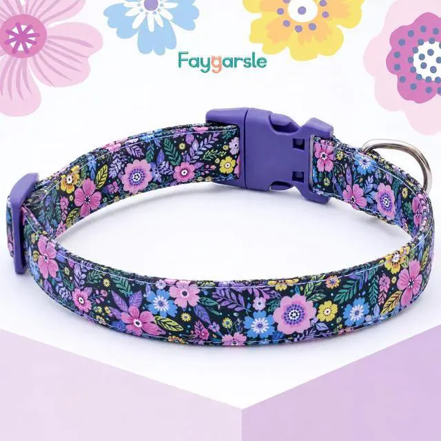 Alt view image 2 of 6 - Faygarsle Cotton Dog Collar Cute Dog Collars for Small Medium Large Dogs Purple Floral Colored Options Soft and Fancy Pet Collars for Girls Flower Pattern for Girl Dog Collar M