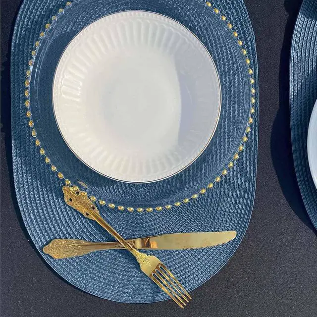 Alt view image 3 of 7 - FunWheat Oval Braided Placemats Set of 4 Table Mats for Dining Tables Washable Heat Resistant Place Mats for Indoor Outdoor Use 12 x17.5 Inch(Oval Blue, 4pcs)