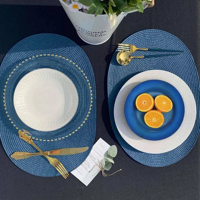 Alt view image 4 of 7 - FunWheat Oval Braided Placemats Set of 4 Table Mats for Dining Tables Washable Heat Resistant Place Mats for Indoor Outdoor Use 12 x17.5 Inch(Oval Blue, 4pcs)