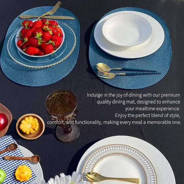 Alt view image 6 of 7 - FunWheat Oval Braided Placemats Set of 4 Table Mats for Dining Tables Washable Heat Resistant Place Mats for Indoor Outdoor Use 12 x17.5 Inch(Oval Blue, 4pcs)
