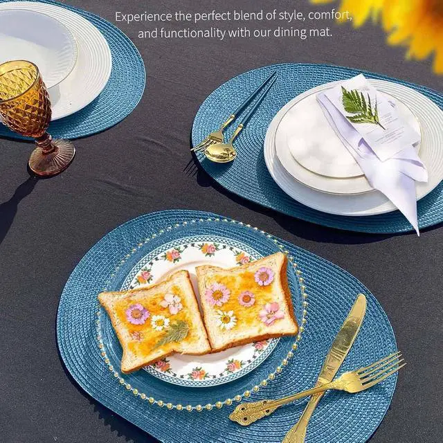 Alt view image 7 of 7 - FunWheat Oval Braided Placemats Set of 4 Table Mats for Dining Tables Washable Heat Resistant Place Mats for Indoor Outdoor Use 12 x17.5 Inch(Oval Blue, 4pcs)