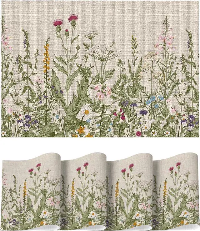 Main image of Artoid Mode Wildflower Vinyl Placemats Set of 4, Washable Non-Slip Plastic PVC Table Mats for Spring Party Kitchen Dining Decor, 12x18 Inch