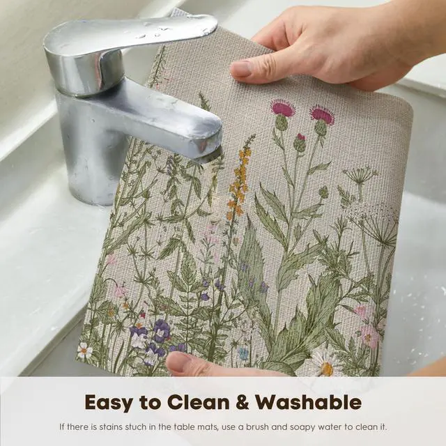 Alt view image 3 of 7 - Artoid Mode Wildflower Vinyl Placemats Set of 4, Washable Non-Slip Plastic PVC Table Mats for Spring Party Kitchen Dining Decor, 12x18 Inch