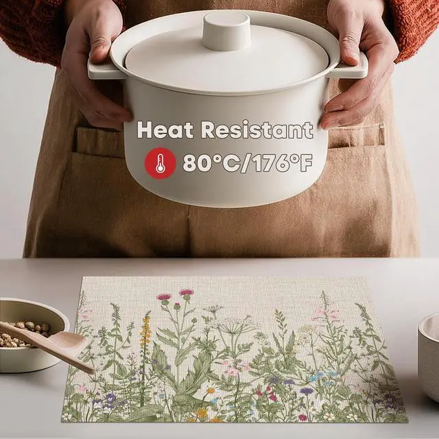 Alt view image 4 of 7 - Artoid Mode Wildflower Vinyl Placemats Set of 4, Washable Non-Slip Plastic PVC Table Mats for Spring Party Kitchen Dining Decor, 12x18 Inch
